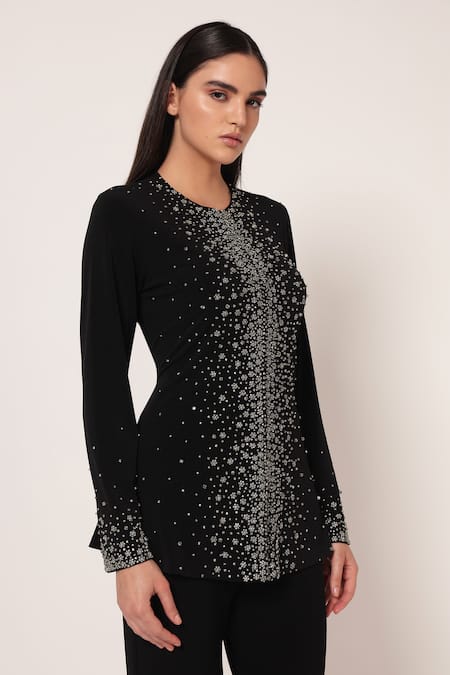 Buy_Namrata Joshipura_Black Jersey Sequins, Stones Round Neck Silver Dust Front Open Top With Pant 
