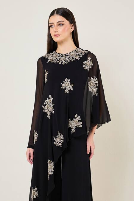 Namrata Joshipura_Black Viscose Georgette Sequins, Embroidery Round Neck Amara Front Flap Jumpsuit _Online_at_Aza_Fashions