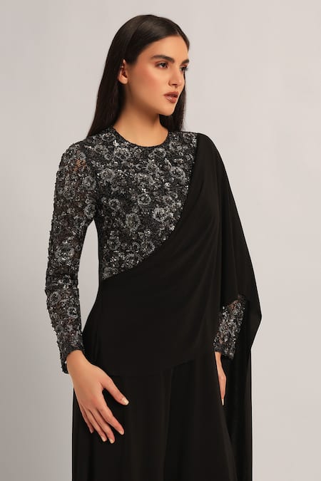 Buy_Namrata Joshipura_Black Jersey Sequins Round Neck Intricate Amara Draped Jumpsuit _Online_at_Aza_Fashions