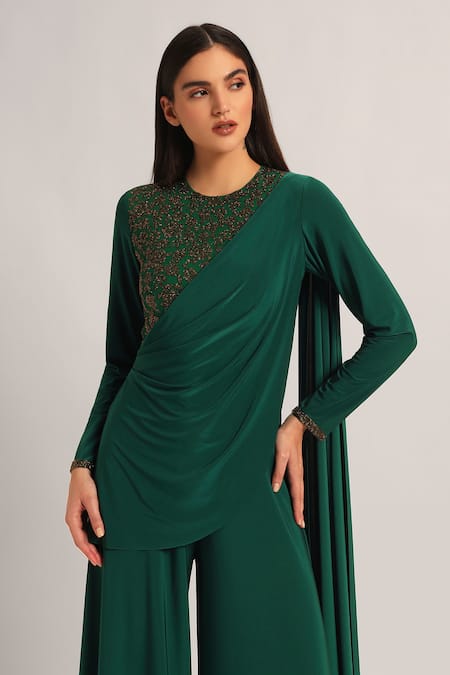 Buy_Namrata Joshipura_Green Jersey Beads Round Neck Juliette Front Flap Draped Jumpsuit _Online_at_Aza_Fashions