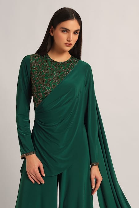 Shop_Namrata Joshipura_Green Jersey Beads Round Neck Juliette Front Flap Draped Jumpsuit _Online_at_Aza_Fashions