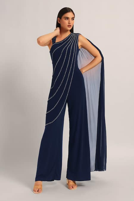 Namrata Joshipura_Navy Jersey Sequins, Embroidery One Shoulder Silver Dust Front Draped Jumpsuit _Online_at_Aza_Fashions