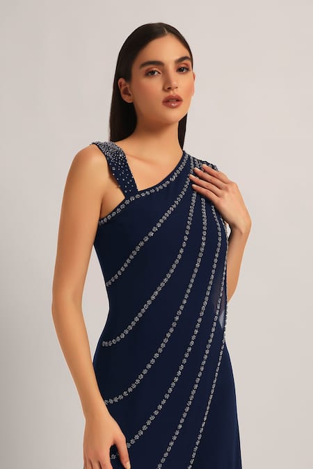 Shop_Namrata Joshipura_Navy Jersey Sequins, Embroidery One Shoulder Silver Dust Front Draped Jumpsuit _Online_at_Aza_Fashions