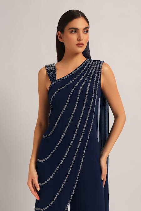 Namrata Joshipura_Navy Jersey Sequins, Embroidery One Shoulder Silver Dust Front Draped Jumpsuit _at_Aza_Fashions