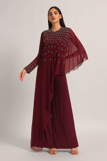 Namrata Joshipura_Wine Jersey Beads Round Neck Silver Dust Front Flap Jumpsuit _Online_at_Aza_Fashions