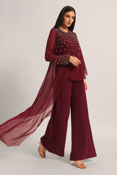 Buy_Namrata Joshipura_Wine Jersey Beads Round Neck Silver Dust Front Flap Jumpsuit _Online_at_Aza_Fashions