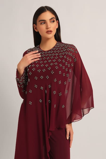 Shop_Namrata Joshipura_Wine Jersey Beads Round Neck Silver Dust Front Flap Jumpsuit _Online_at_Aza_Fashions