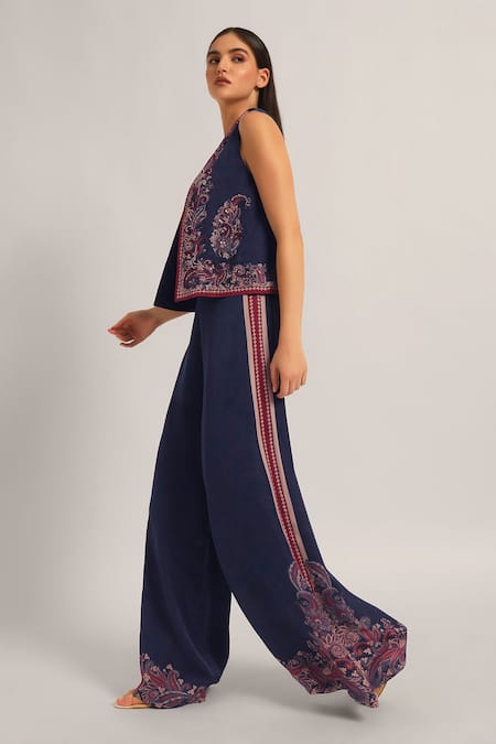 Shop_Namrata Joshipura_Navy Satin Sweetheart , Open Paisey Print Jacket With Jumpsuit _Online_at_Aza_Fashions