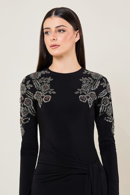 Buy_Namrata Joshipura_Black Jersey Beads, Embroidery, Metallic Thread Marielle Waist Tie Draped Dress _Online_at_Aza_Fashions
