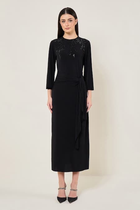 Namrata Joshipura Midnight Bloom Waist Tie Draped Dress 