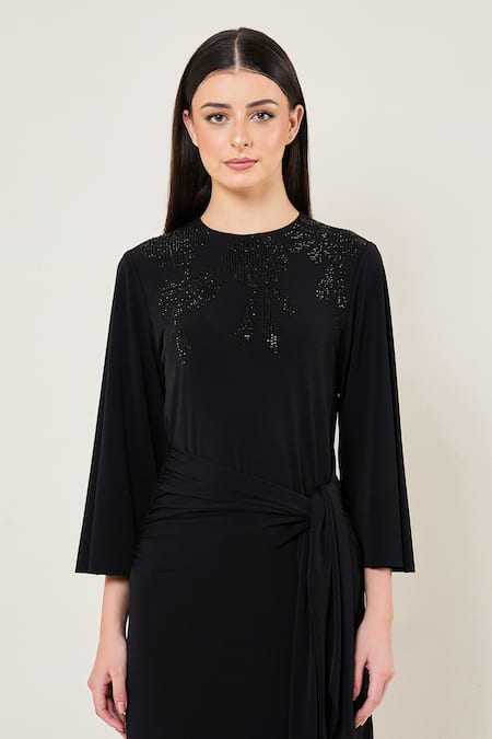 Namrata Joshipura_Black Jersey Beads Round Neck Midnight Bloom Waist Tie Draped Dress _Online_at_Aza_Fashions