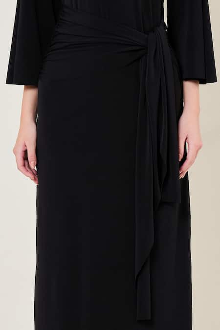 Buy_Namrata Joshipura_Black Jersey Beads Round Neck Midnight Bloom Waist Tie Draped Dress _Online_at_Aza_Fashions