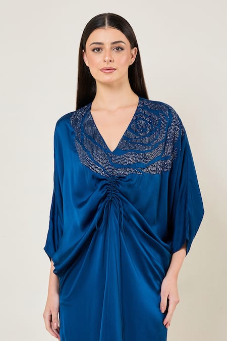 Namrata Joshipura_Teal Satin Stones V-neck Rosette Drawstring Dress _Online_at_Aza_Fashions