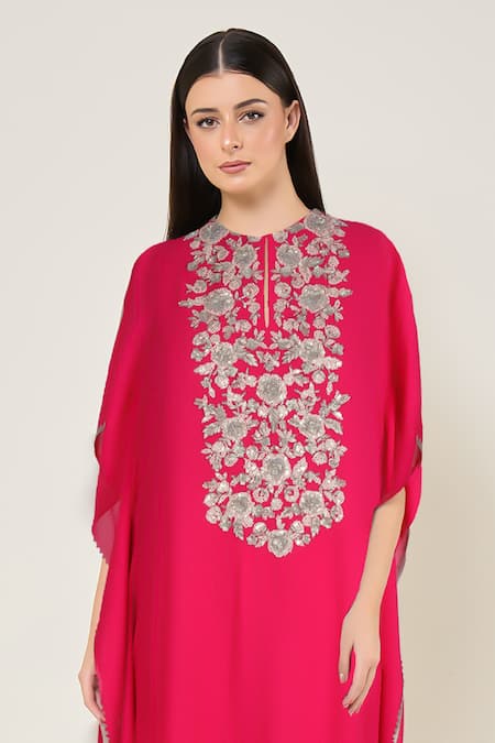 Buy_Namrata Joshipura_Fuchsia Georgette Embroidery, Sequins Amara Intricate Yoke Kaftan With Pant _Online_at_Aza_Fashions