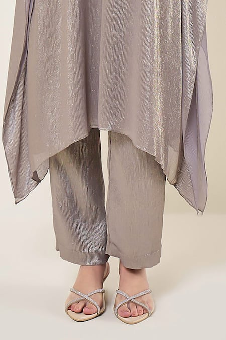 Namrata Joshipura_Gray Chiffon Beads, Sequins, Embroidery Round Neck Amara Yoke Kaftan With Pant _Online_at_Aza_Fashions
