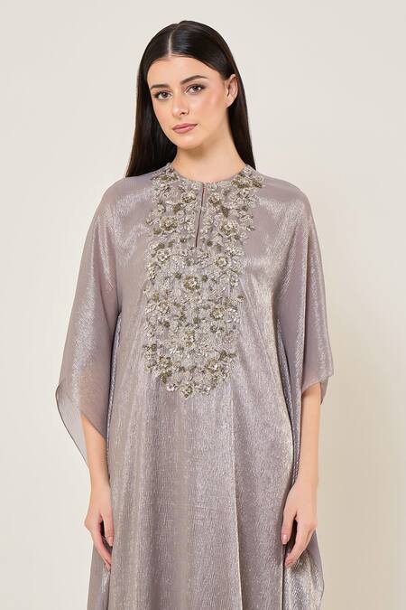 Buy_Namrata Joshipura_Gray Chiffon Beads, Sequins, Embroidery Round Neck Amara Yoke Kaftan With Pant _Online_at_Aza_Fashions