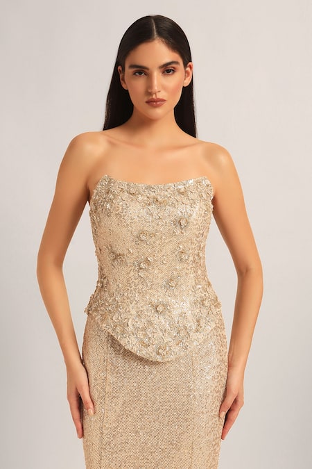 Buy_Namrata Joshipura_Gold Mesh Sequins, Embroidery Bandeau Neck Amara Corset With Draped Skirt _Online_at_Aza_Fashions