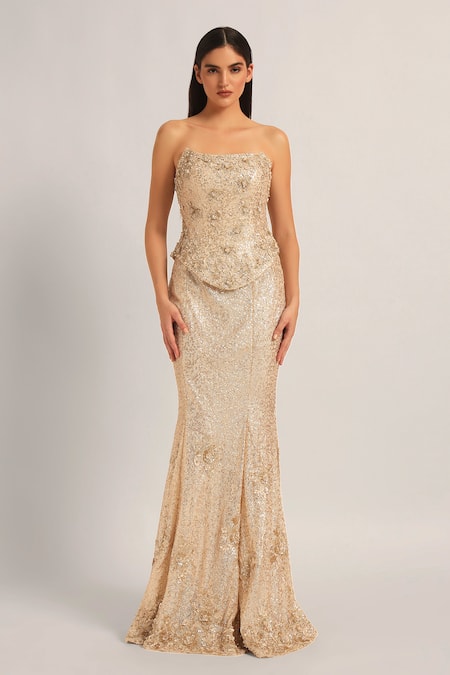 Namrata Joshipura_Gold Mesh Sequins, Embroidery Bandeau Neck Amara Corset With Draped Skirt _at_Aza_Fashions