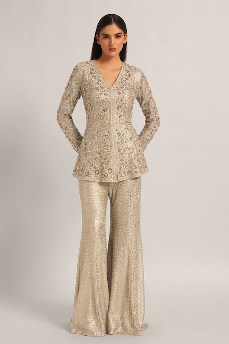 Namrata Joshipura Gray Mesh Sequins, Beads V-neck Amara Long Peplum With Sharara Online at Aza Fashions Namrata Joshipura_Gray Mesh Sequins, Beads V-neck Amara Long Peplum With Sharara _Online_at_Aza_Fashions