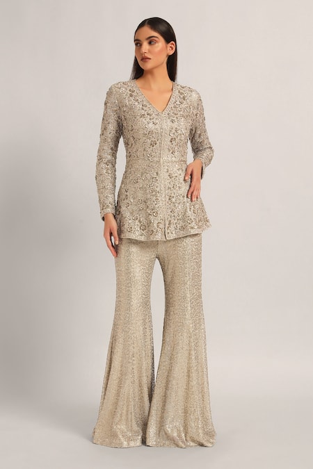 Shop Namrata Joshipura Gray Mesh Sequins, Beads V-neck Amara Long Peplum With Sharara Online at Aza Fashions Shop_Namrata Joshipura_Gray Mesh Sequins, Beads V-neck Amara Long Peplum With Sharara _Online_at_Aza_Fashions