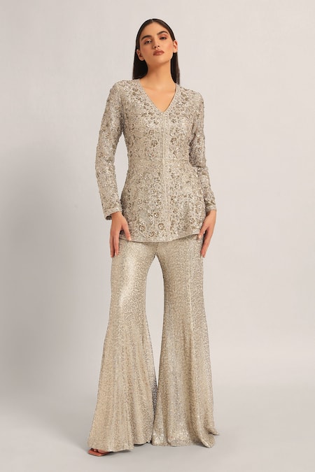 Namrata Joshipura Gray Mesh Sequins, Beads V-neck Amara Long Peplum With Sharara at Aza Fashions Namrata Joshipura_Gray Mesh Sequins, Beads V-neck Amara Long Peplum With Sharara _at_Aza_Fashions