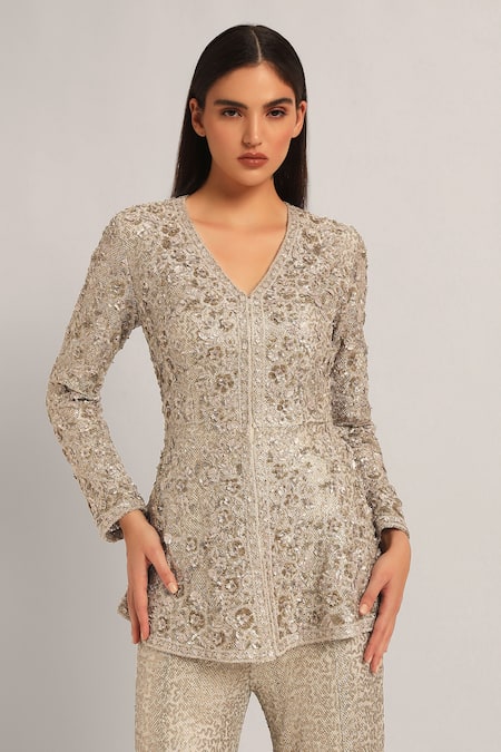 Buy Namrata Joshipura Gray Mesh Sequins, Beads V-neck Amara Long Peplum With Sharara Buy_Namrata Joshipura_Gray Mesh Sequins, Beads V-neck Amara Long Peplum With Sharara