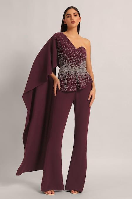 Namrata Joshipura_Wine Jersey Sequins, Stones One Shoulder, Silver Dust Peplum Top With Sharara _Online_at_Aza_Fashions