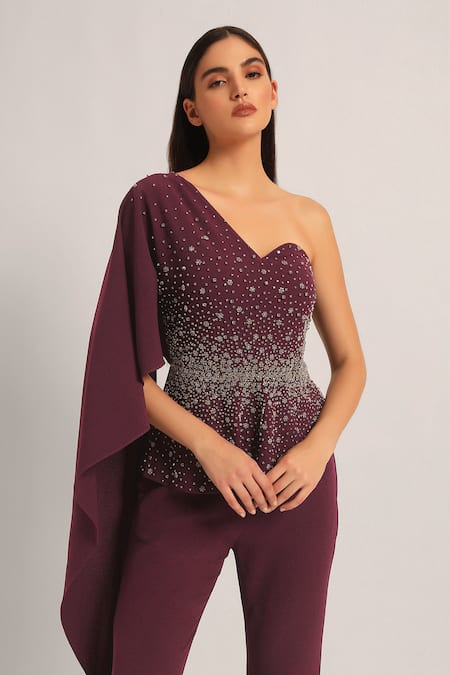 Buy_Namrata Joshipura_Wine Jersey Sequins, Stones One Shoulder, Silver Dust Peplum Top With Sharara _Online_at_Aza_Fashions