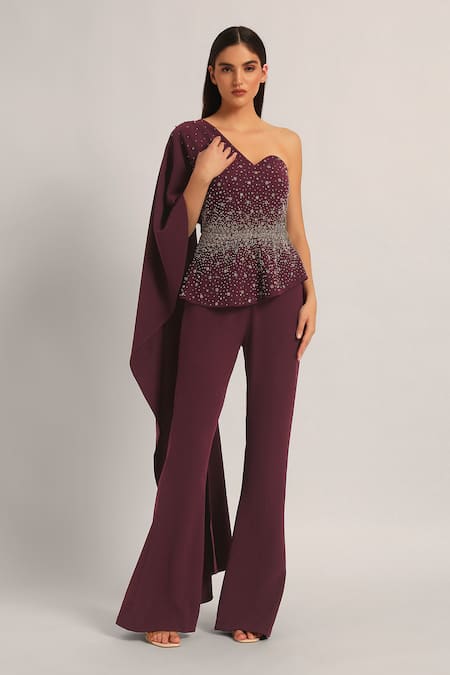 Shop_Namrata Joshipura_Wine Jersey Sequins, Stones One Shoulder, Silver Dust Peplum Top With Sharara _Online_at_Aza_Fashions