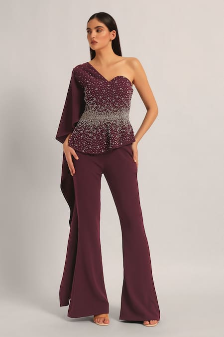Namrata Joshipura_Wine Jersey Sequins, Stones One Shoulder, Silver Dust Peplum Top With Sharara _at_Aza_Fashions