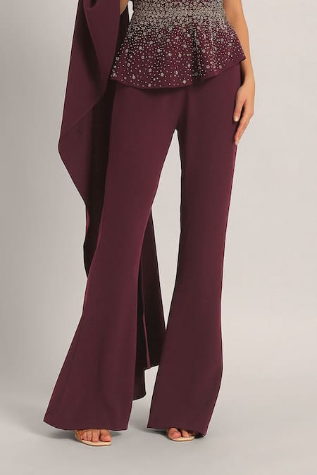 Buy_Namrata Joshipura_Wine Jersey Sequins, Stones One Shoulder, Silver Dust Peplum Top With Sharara 