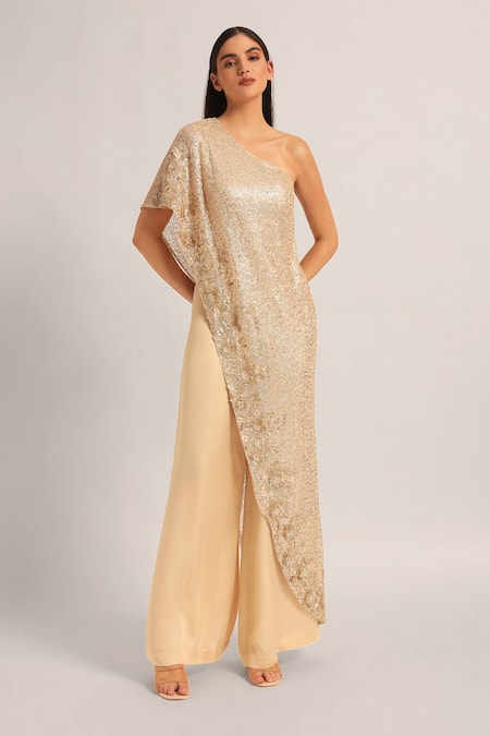 Namrata Joshipura_Ivory Mesh Sequins One Shoulder Amara Jumpsuit _Online_at_Aza_Fashions