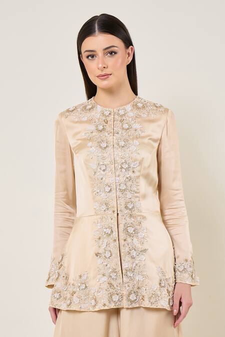 Buy_Namrata Joshipura_Ivory Embroidery, Sequins, Beads Round Neck Amara Peplum Top With Sharara Pant _Online_at_Aza_Fashions