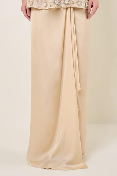 Namrata Joshipura_Ivory Satin Sequins, Embroidery Round Neck Amara Peplum Top With Skirt _Online_at_Aza_Fashions