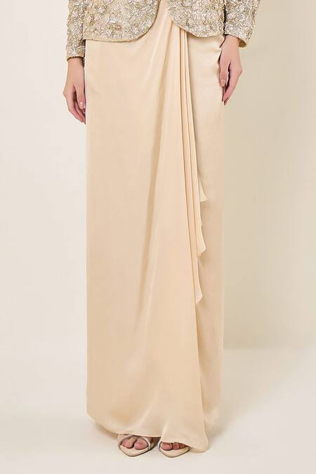 Namrata Joshipura Gold Mesh Sequins, Beads, Embroidery Split Amara Jacket With Draped Skirt Online at Aza Fashions Namrata Joshipura_Gold Mesh Sequins, Beads, Embroidery Split Amara Jacket With Draped Skirt _Online_at_Aza_Fashions