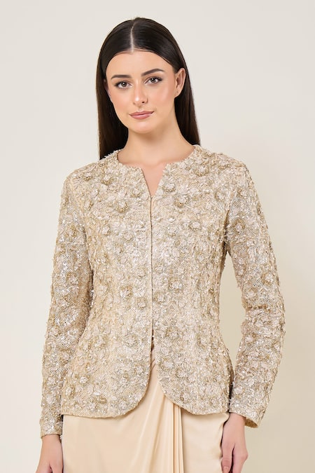 Buy Namrata Joshipura Gold Mesh Sequins, Beads, Embroidery Split Amara Jacket With Draped Skirt Online at Aza Fashions Buy_Namrata Joshipura_Gold Mesh Sequins, Beads, Embroidery Split Amara Jacket With Draped Skirt _Online_at_Aza_Fashions