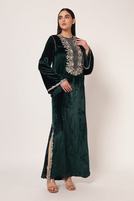 Shop_Namrata Joshipura_Emerald Green Velvet Embroidery, Sequins Round Timeless Bloom Yoke Long Kaftan _Online_at_Aza_Fashions