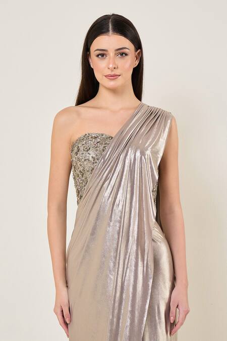 Namrata Joshipura_Gray Mesh Sequins, Fabric Flowers One Amara Corset Blouse With Pre-draped Saree _Online_at_Aza_Fashions