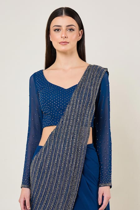 Namrata Joshipura_Teal Viscose Georgette Trackline Pre-draped Saree With Embroidered Blouse _Online_at_Aza_Fashions