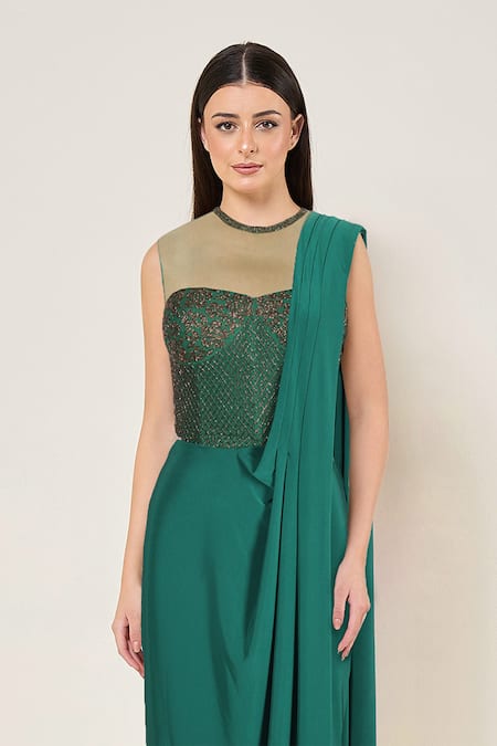 Namrata Joshipura_Emerald Green Jersey Sequins, Beads Juliette Corset Blouse With Pre-draped Saree _Online_at_Aza_Fashions