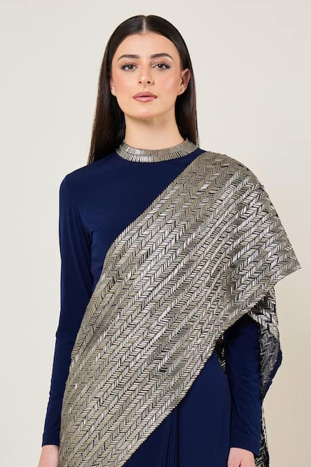 Namrata Joshipura_Blue Jersey Beads High Neck Lydia Embellished Pre-draped Saree With Blouse _Online_at_Aza_Fashions