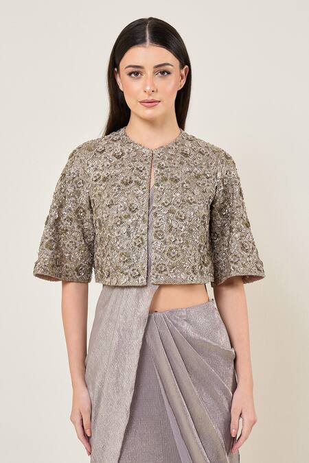 Namrata Joshipura_Gray Chiffon Beads, Sequins, Amara Blouse With Mermaid Pre-draped Saree _Online_at_Aza_Fashions