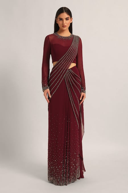 Namrata Joshipura_Wine Jersey Beads, Stones Silver Dust Embelished Pre-draped Saree With Blouse _Online_at_Aza_Fashions