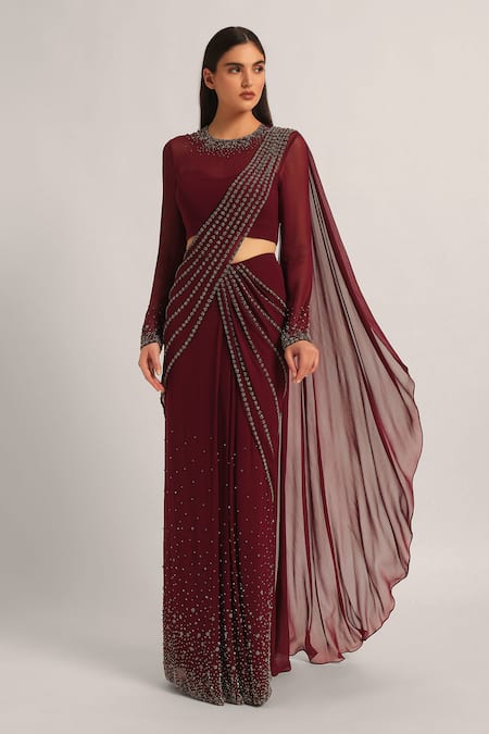 Shop_Namrata Joshipura_Wine Jersey Beads, Stones Silver Dust Embelished Pre-draped Saree With Blouse _Online_at_Aza_Fashions