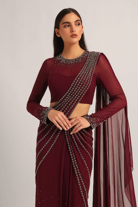 Namrata Joshipura_Wine Jersey Beads, Stones Silver Dust Embelished Pre-draped Saree With Blouse _at_Aza_Fashions