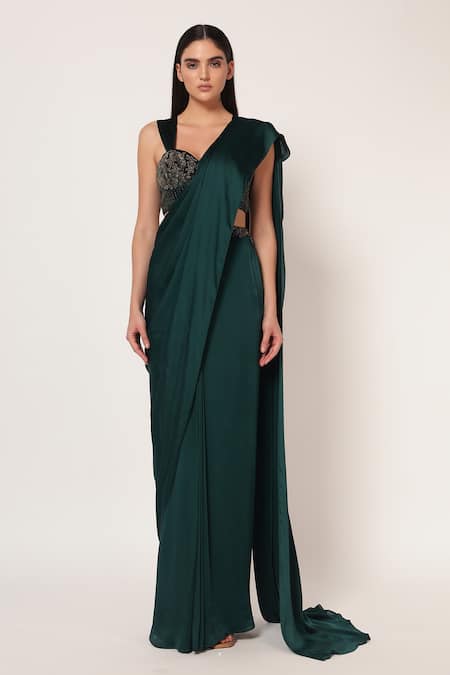 Namrata Joshipura_Teal Crepe, Velvet Sequins, Embroidery Marielle Corset With Pre-draped Saree _Online_at_Aza_Fashions