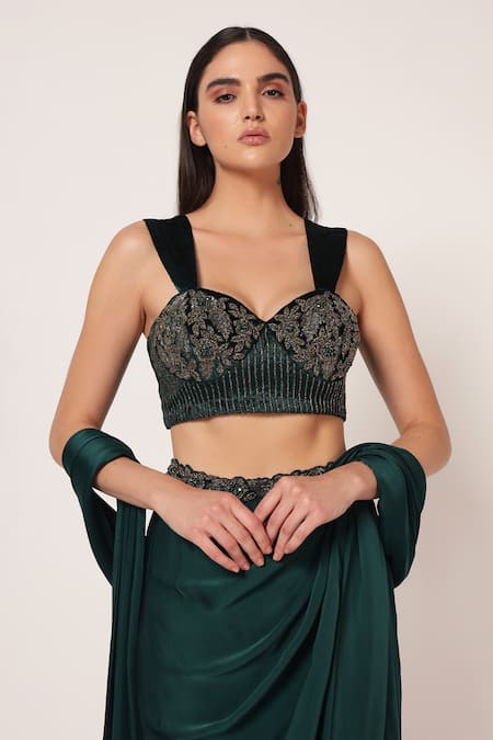 Buy_Namrata Joshipura_Teal Crepe, Velvet Sequins, Embroidery Marielle Corset With Pre-draped Saree _Online_at_Aza_Fashions