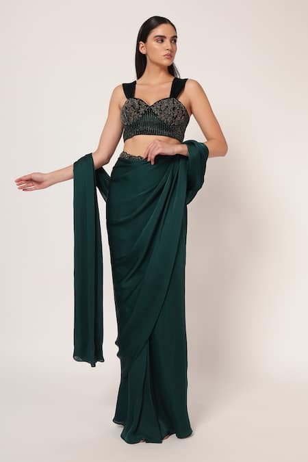 Shop_Namrata Joshipura_Teal Crepe, Velvet Sequins, Embroidery Marielle Corset With Pre-draped Saree _Online_at_Aza_Fashions