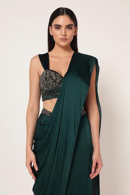Namrata Joshipura_Teal Crepe, Velvet Sequins, Embroidery Marielle Corset With Pre-draped Saree _at_Aza_Fashions
