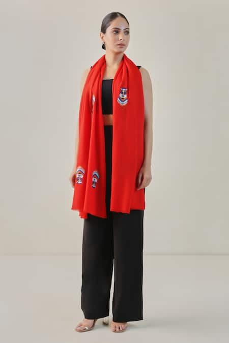 Shop SHAZA Red Pashmina Embroidered Motif Stole at Aza Fashions Shop_SHAZA_Red Pashmina Embroidered Motif Stole _at_Aza_Fashions